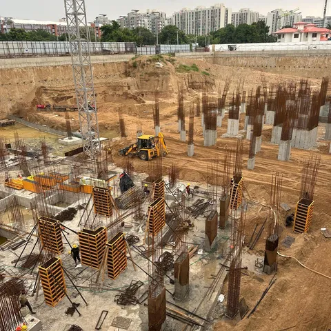 Foundation stage from above, with column cages and formwork in place