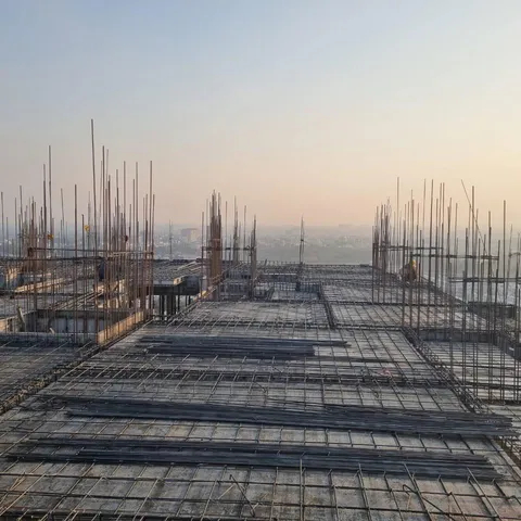 Slab reinforcement ready for concreting at dusk